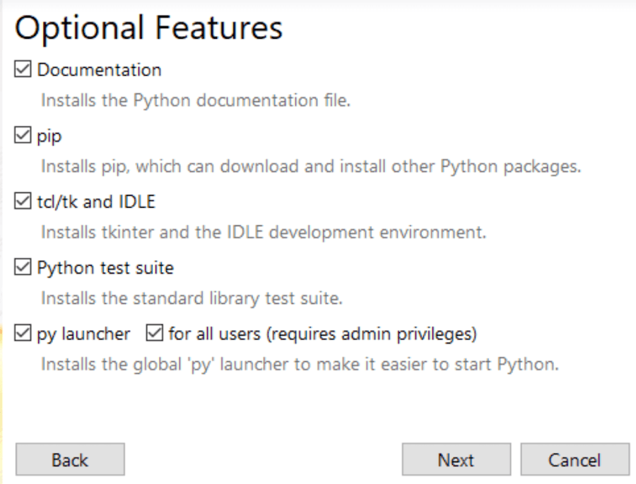 Optionele functies in het Python voor Windows installatieprogramma.