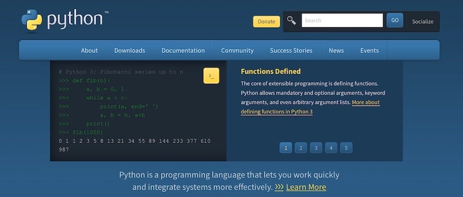 Homepage del sito di Python