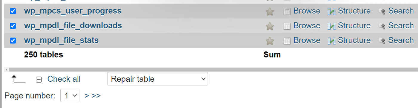 Selecting database tables and choosing the repair option