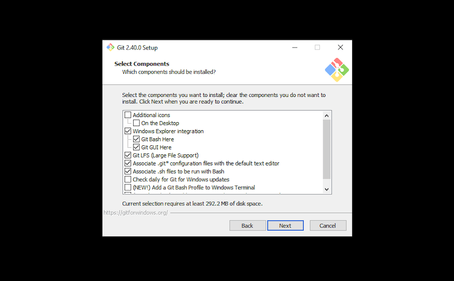 Select the components you’d like to install with Git.
