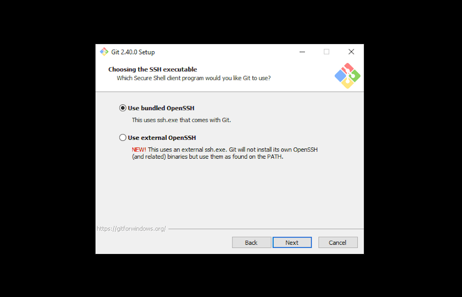 Eligiendo el ejecutable SSH en el instalador de Git para Windows.