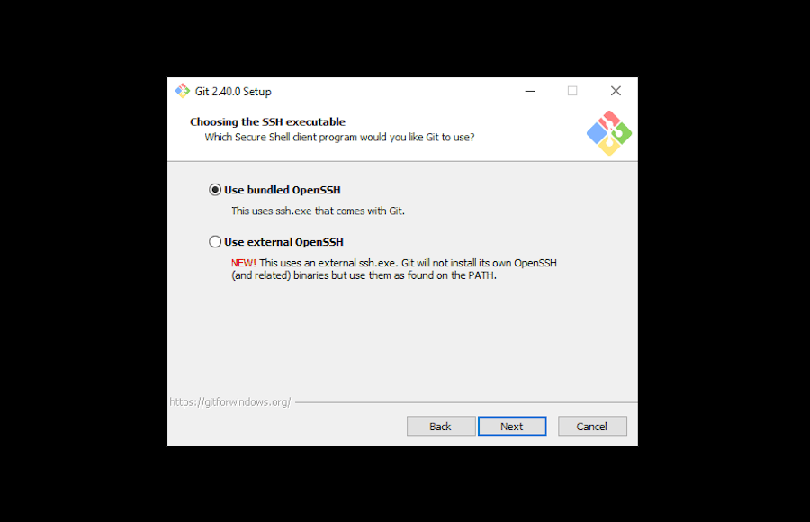 Het kiezen van het SSH programma in het Windows Git installatieprogramma.