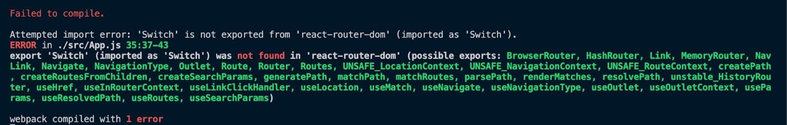 Schermata di un editor React con il messaggio di errore Switch is not exported from 'react-router-dom