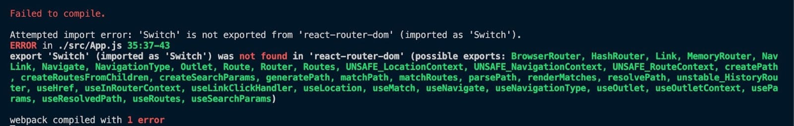 “Switch is not exported from 'react-router-dom' in React”.