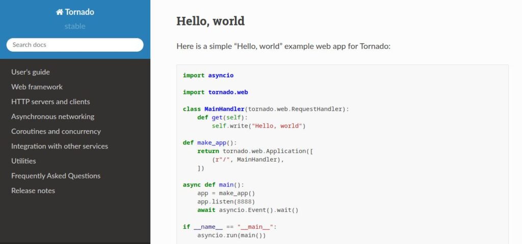 Il sito di documentazione del framework web Tornado con un esempio di "Hello World".