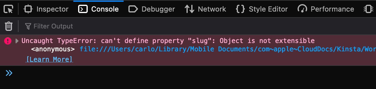 Uncaught TypeError: no se puede definir la propiedad "slug": El objeto no es extensible