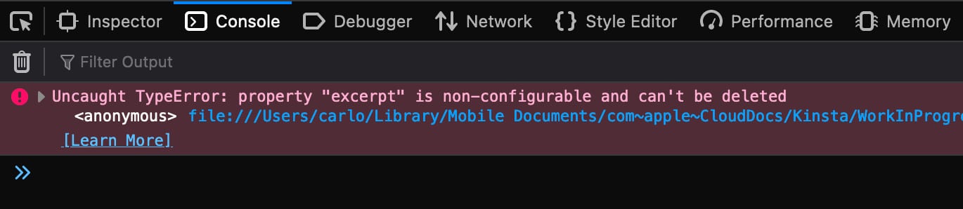 Uncaught TypeError: Eigenschaft "excerpt" ist nicht konfigurierbar und kann nicht gelöscht werden in Firefox