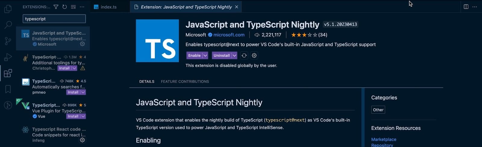 Schermata dell’estensione VS Code TypeScript