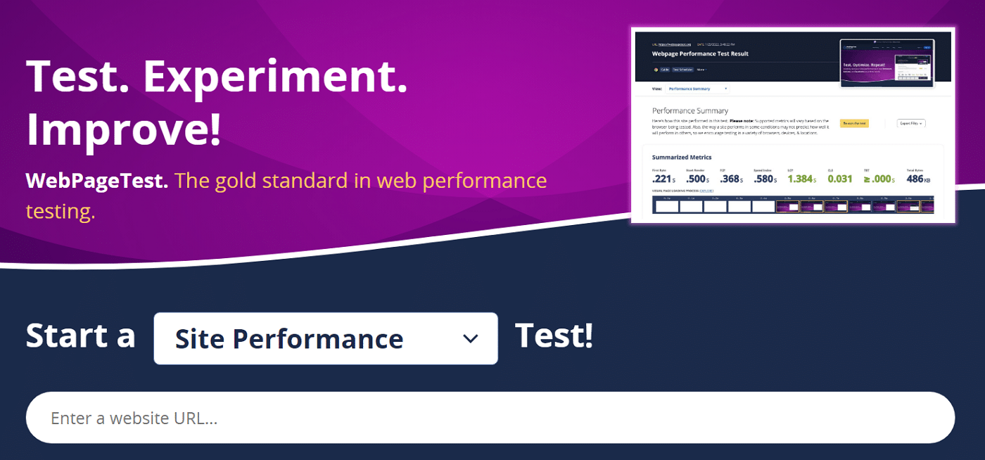 Página de inicio de WebPageTest