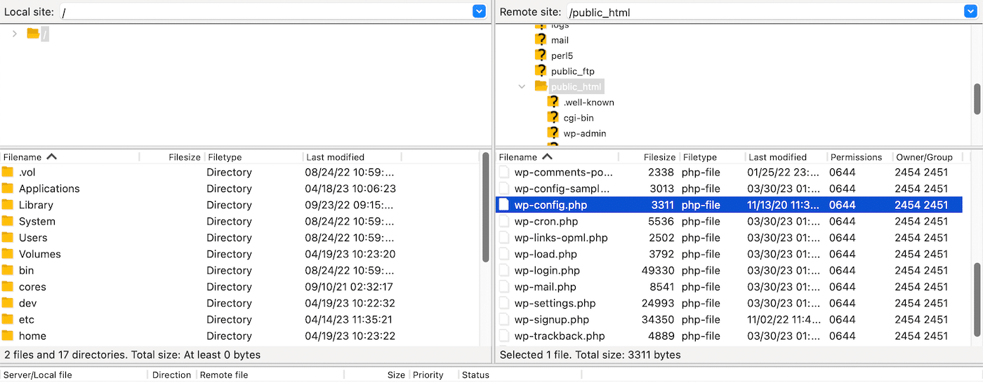 Locating the wp-config.php file using an FTP client