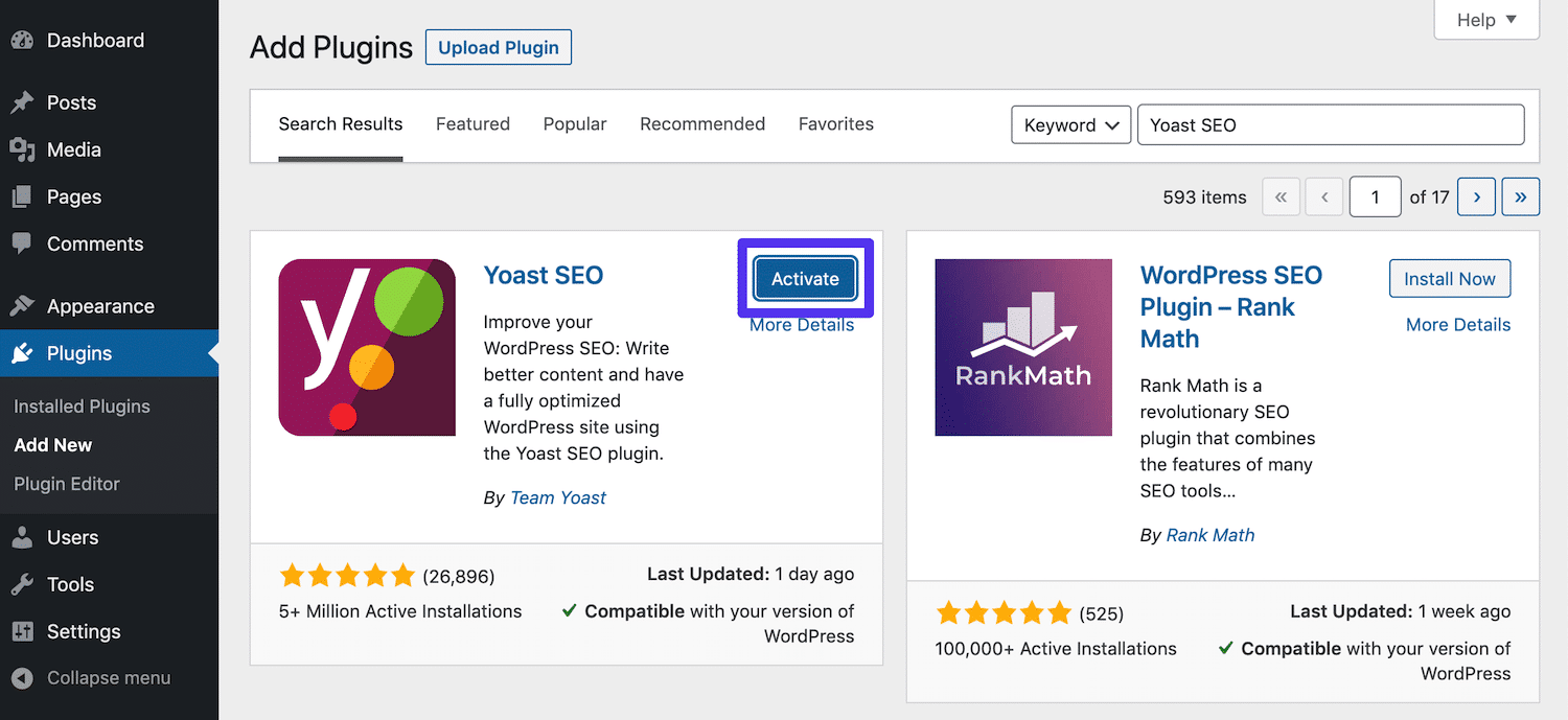 Aktivering av Yoast SEO-pluginet.