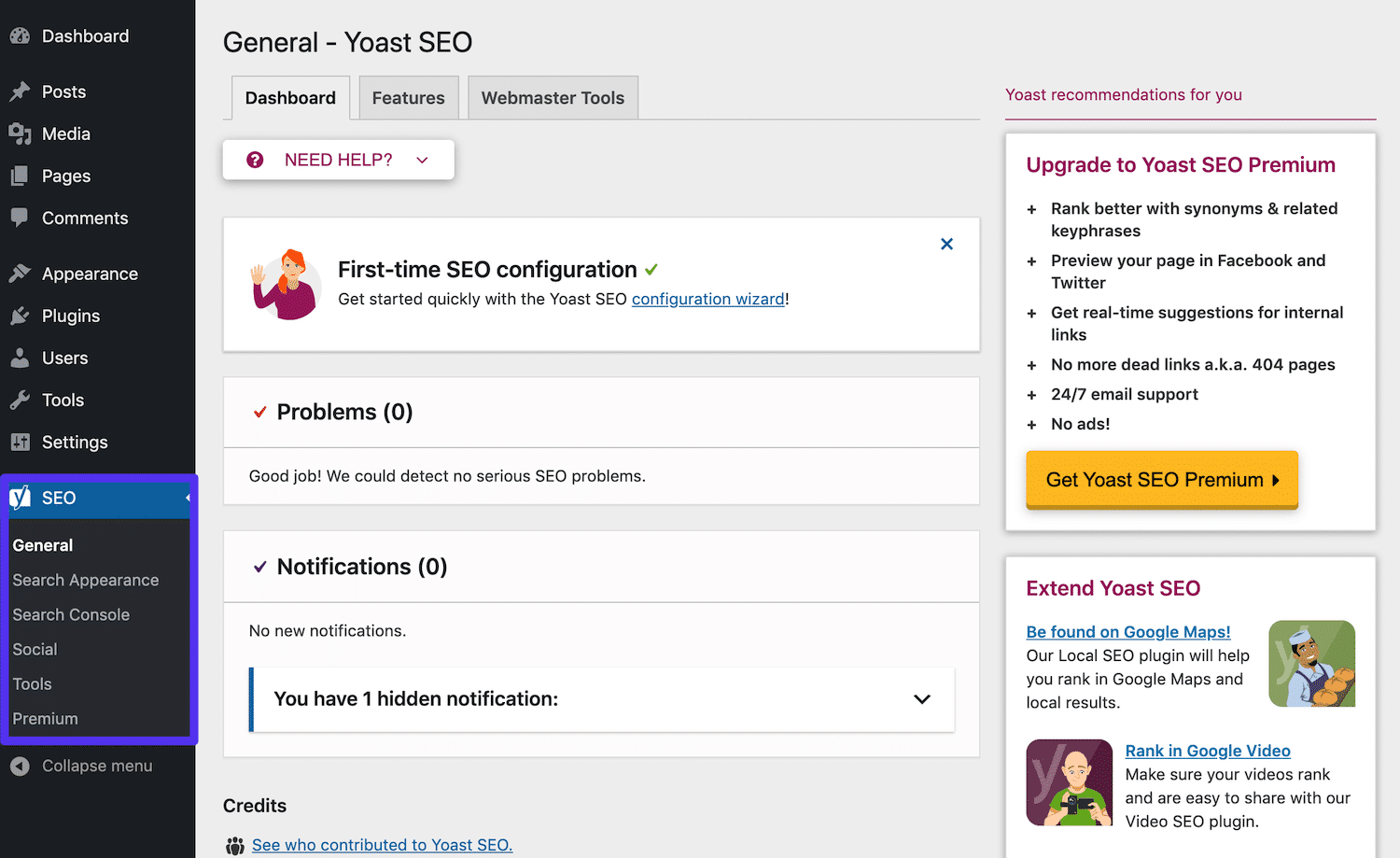 Yoast SEO-inställningarna i WordPress-instrumentpanelen.