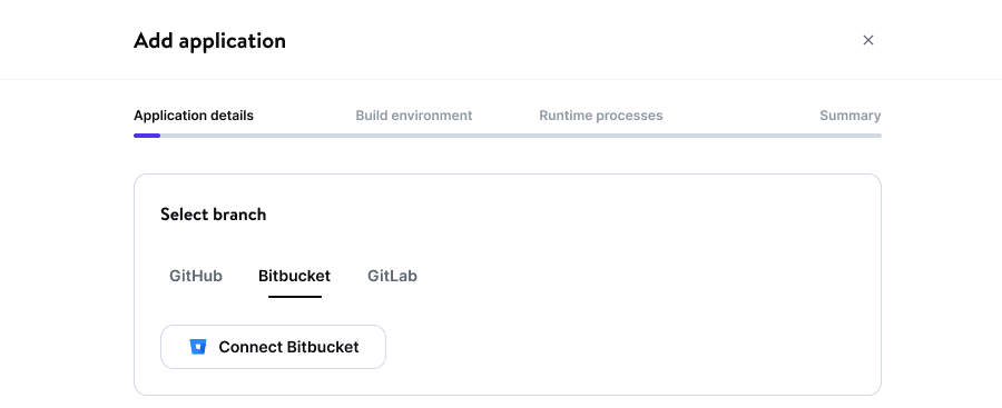 Selecciona Bitbucket en Detalles de la aplicación al añadir una aplicación.