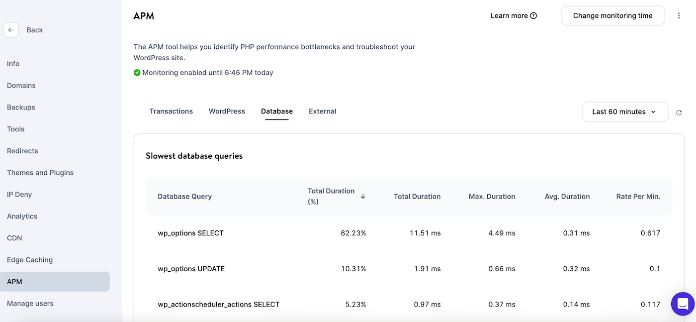 Schermata di Kinsta APM con la lista delle query di database più lente