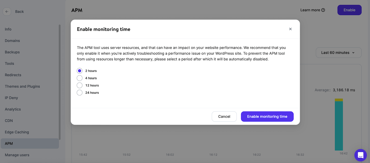 Enable monitoring time for Kinsta APM