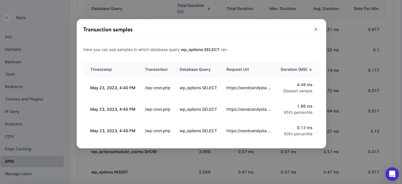 Finestra popup di Kinsta APM con la lista di campioni di transazioni