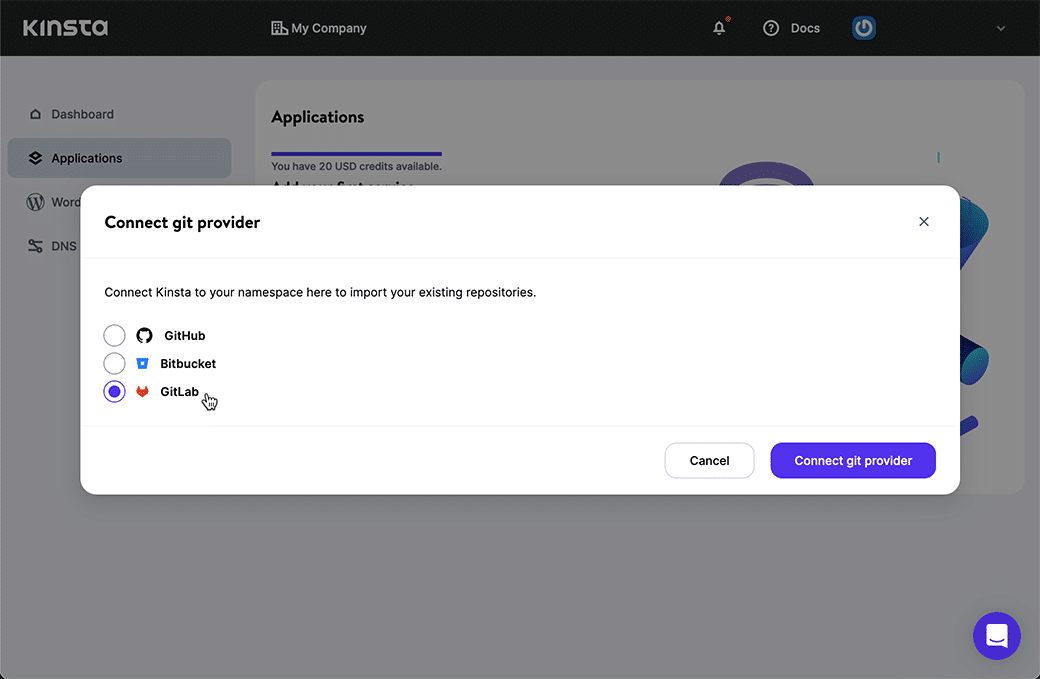 Choisir un fournisseur Git pour l'hébergement d'applications dans MyKinsta.