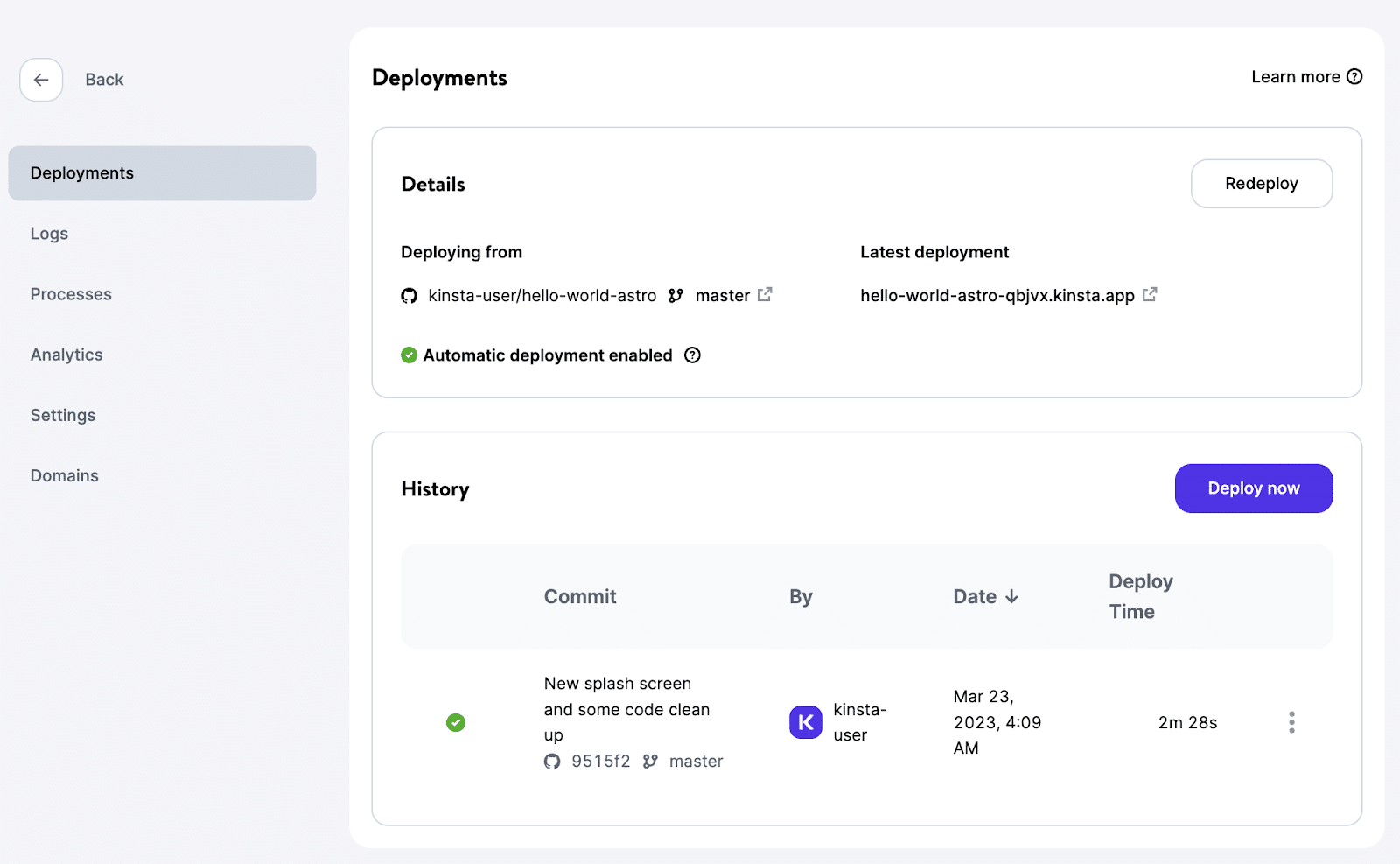 The "Deployments" screen of MyKinsta showing the details and history of our Astro site deployment.