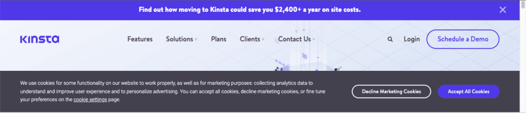 Un'immagine che mostra la richiesta di cookie su kinsta.com