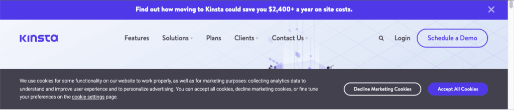 Solicitação de cookies em kinsta.com