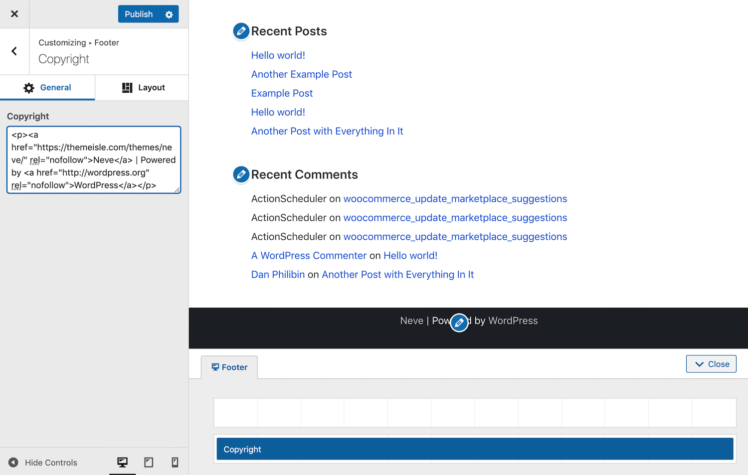 Fjernelse af tema-kreditering i Customizer.