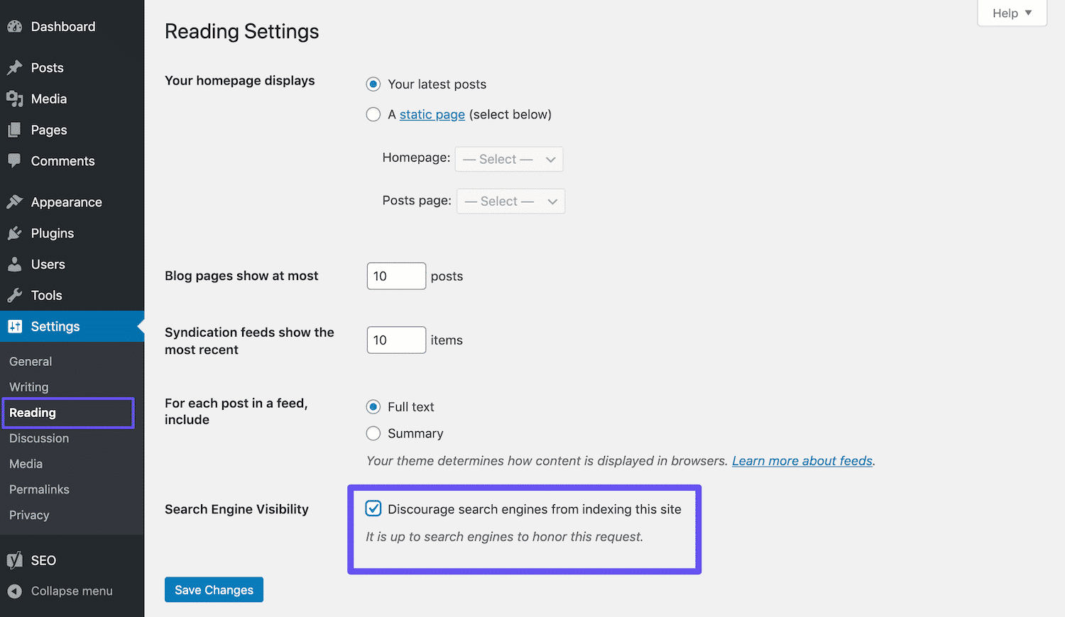 Avindexering av en WordPress-webbplats.