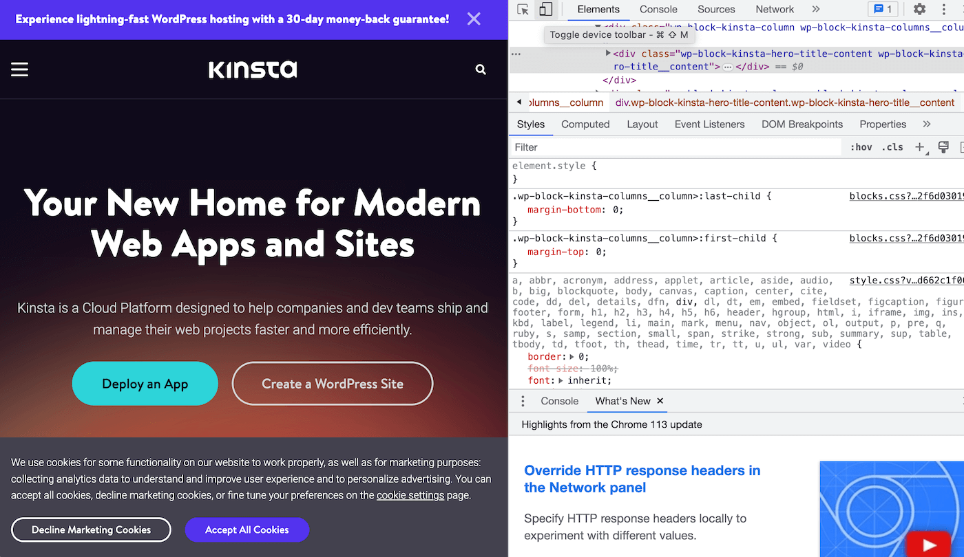 Schermata del sito di Kinsta affiancato dall’area Ispezione di Google Chrome