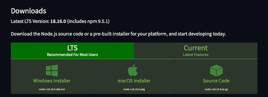 De downloadpagina van Node.js.