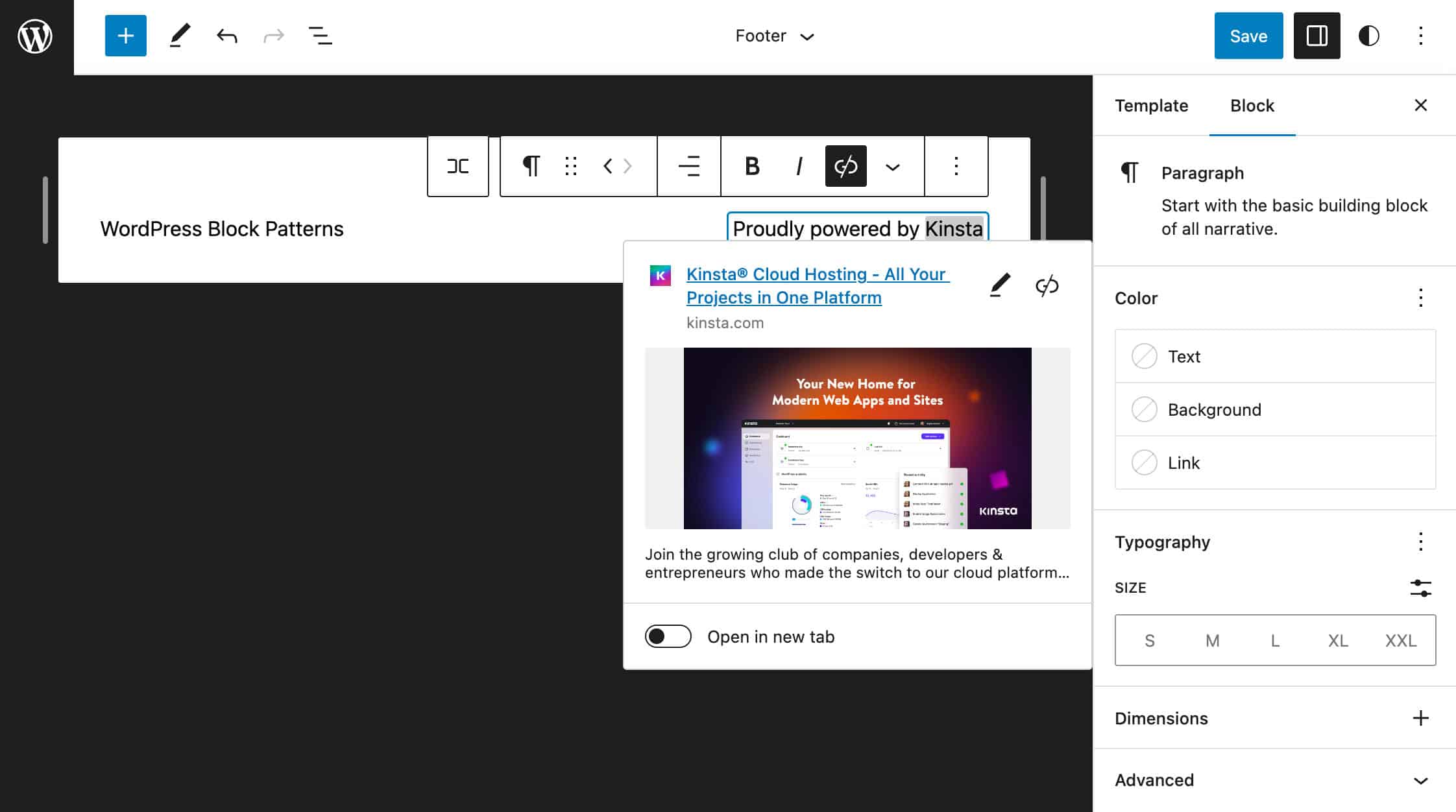 Het bewerken van het Footer template-onderdeel in het thema Twenty Twenty-Three