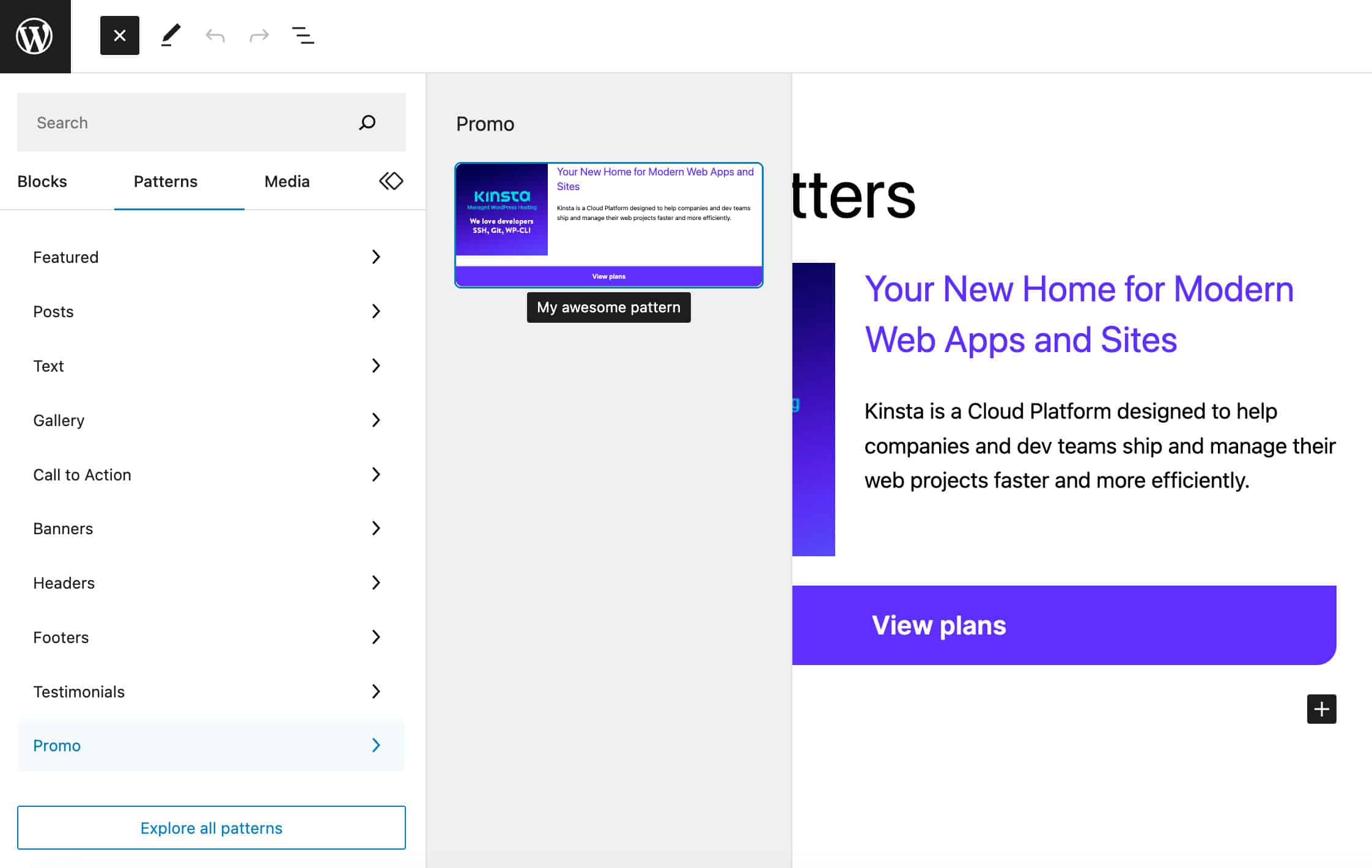 Adding a custom block pattern to a blog post from the Block Inserter