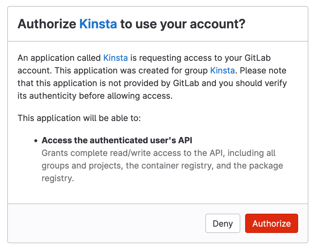 Autorizzare Kinsta a connettersi all'account GitLab.