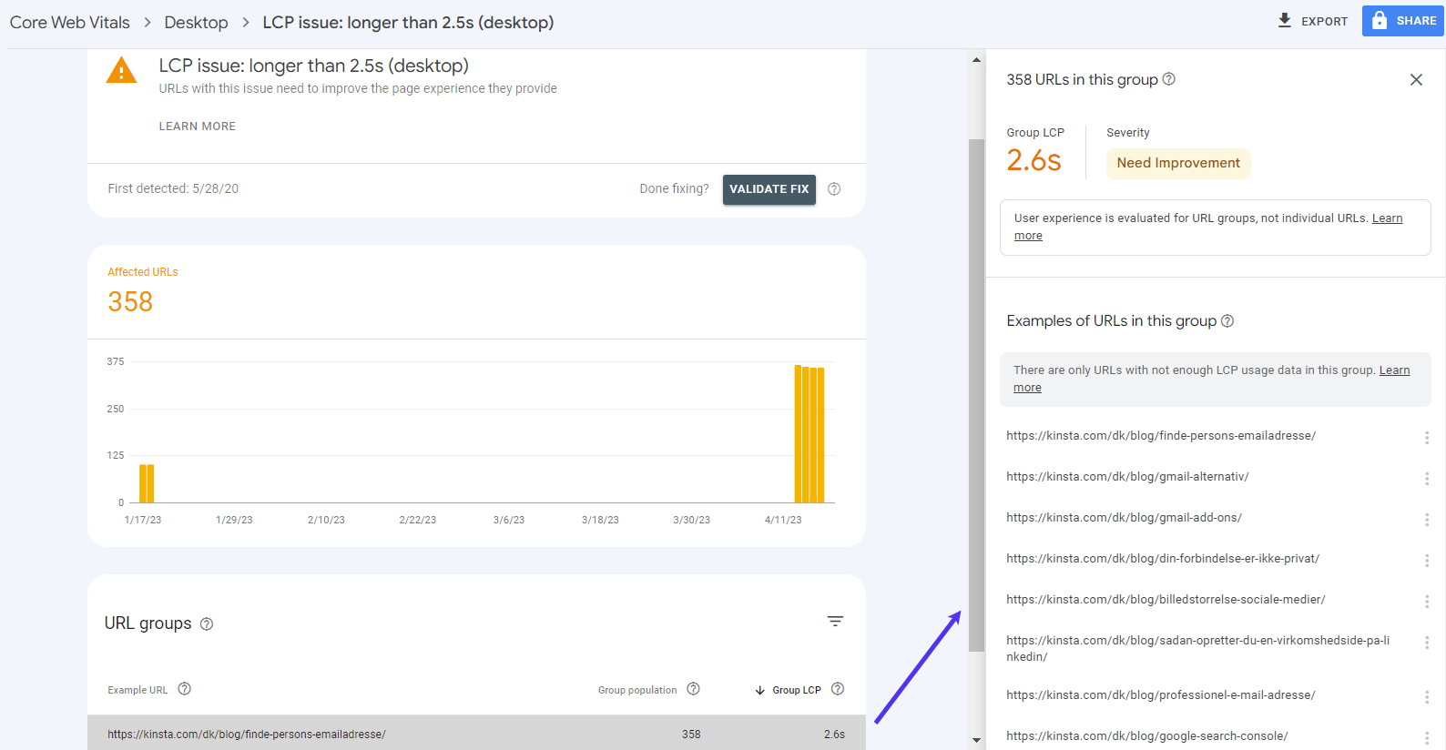 Google Search Console's Core Web Vitals-rapport.