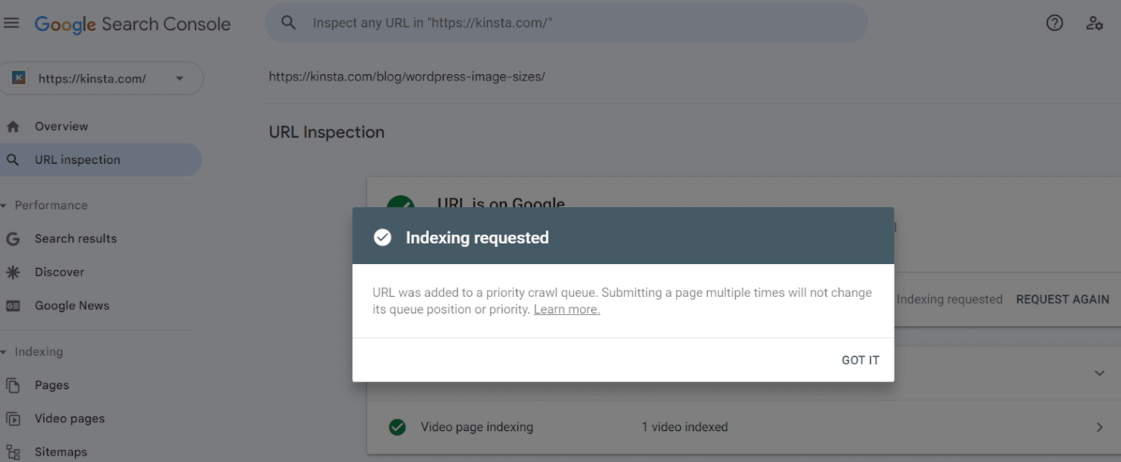 Indexing request confirmation message.