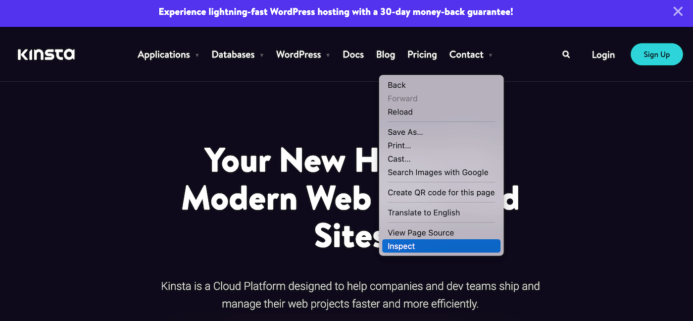 La homepage di Kinsta su cui si è aperto il menu a tendina: è selezionata la voce Inspect che apre il Google Chrome Inspect