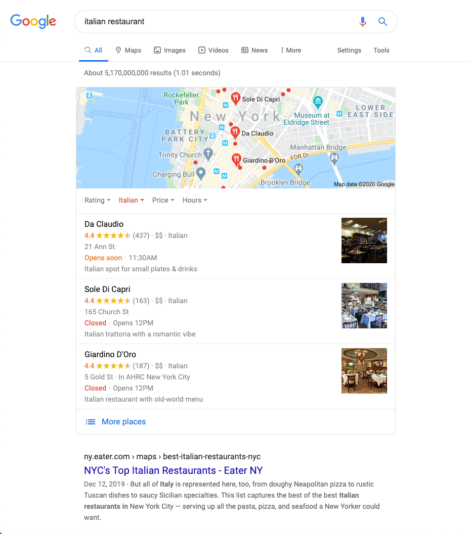 Exemple de résultats d'une recherche locale sur Google pour « italian restaurant »
