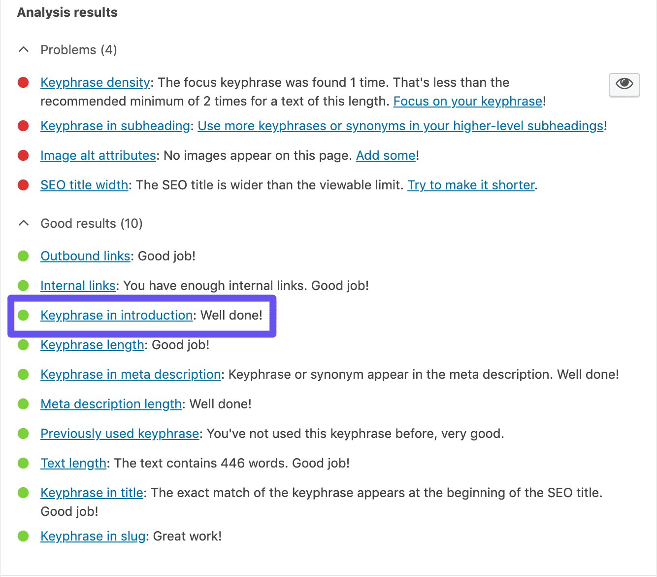 Vérification de la « phrase clé dans l'introduction » de Yoast SEO.