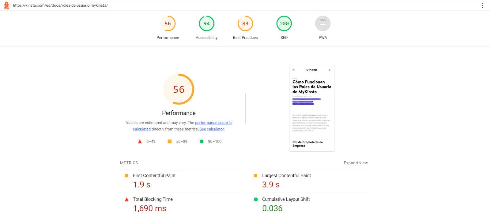 Informe de rendimiento móvil de Lighthouse.