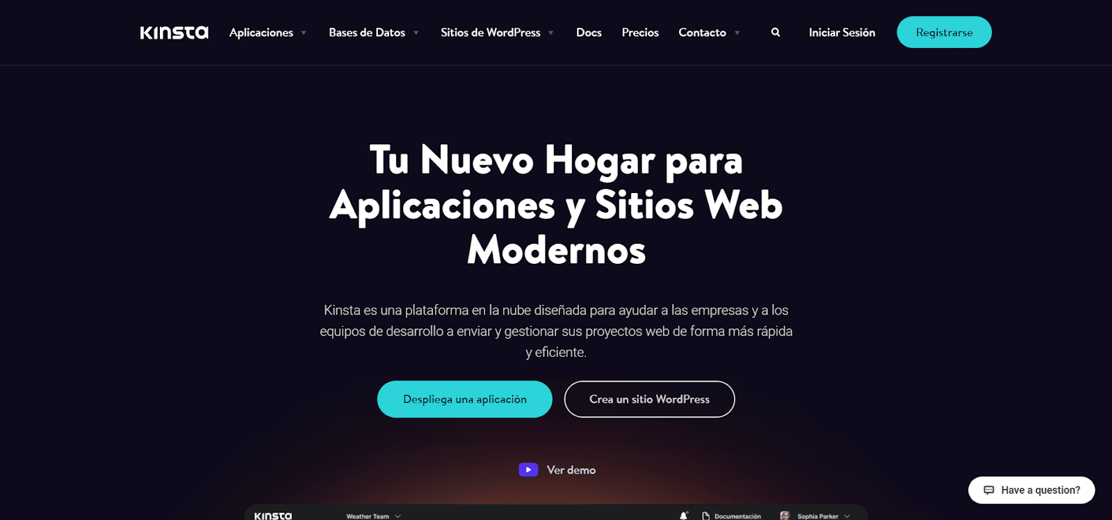 The Kinsta home page in Spanish.