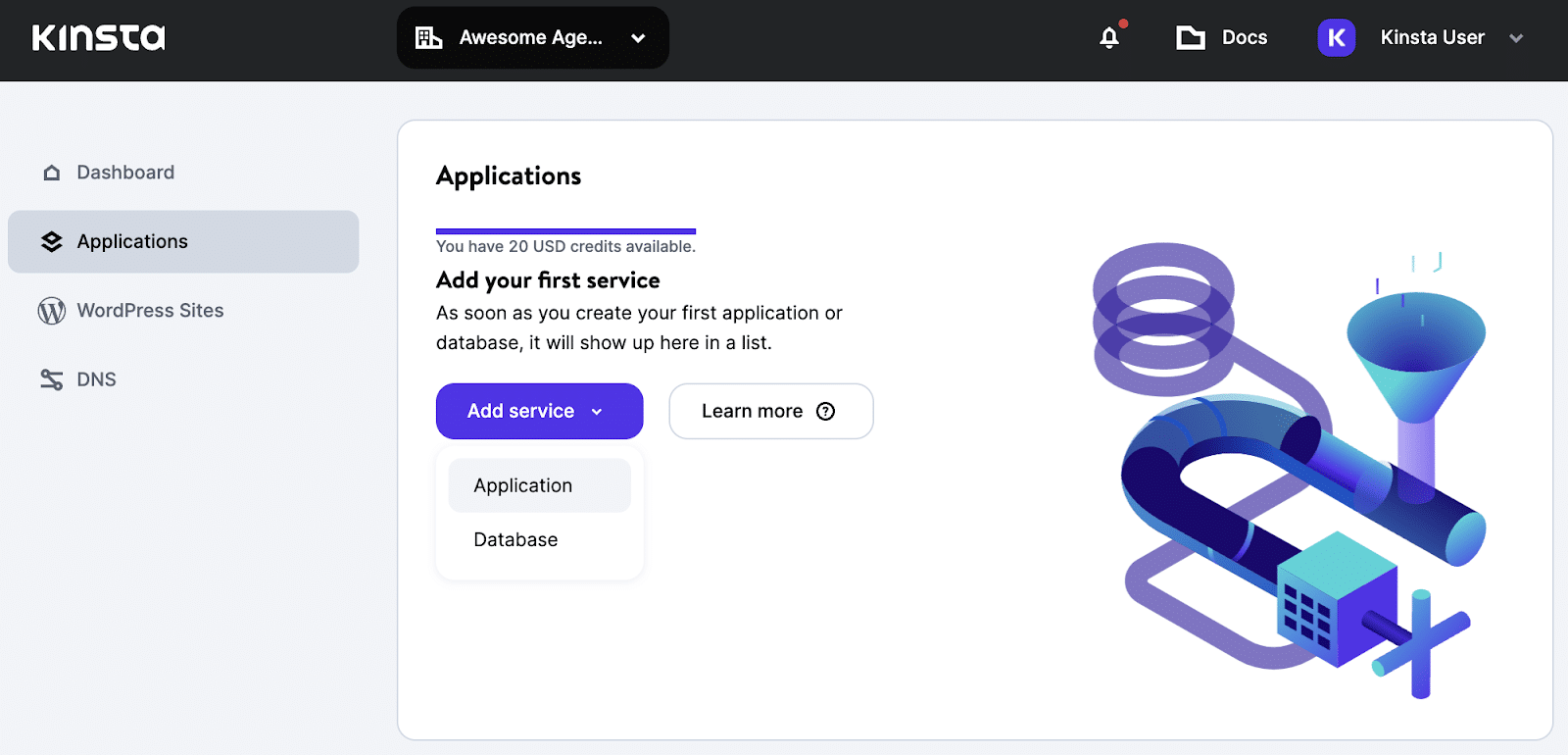 La dashboard di MyKinsta si è aperta alla sezione "Applicazioni", che mostra una tendina viola "Aggiungi servizio" con due opzioni: "Applicazione" e "Database".