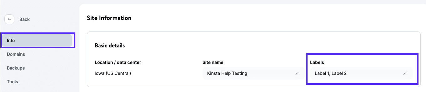 Site labels on the Site Information page in MyKinsta.