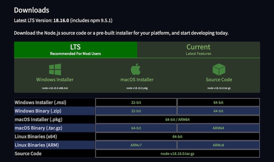 Het Node.js installatieprogramma voor Windows downloaden.