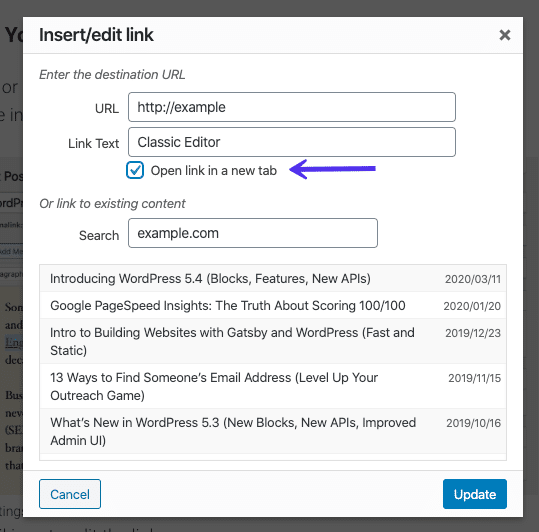 Configurando um link para abrir em uma nova guia no Editor Clássico