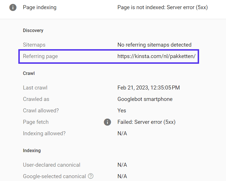 Herramienta de inspección de la URL de la página de referencia.