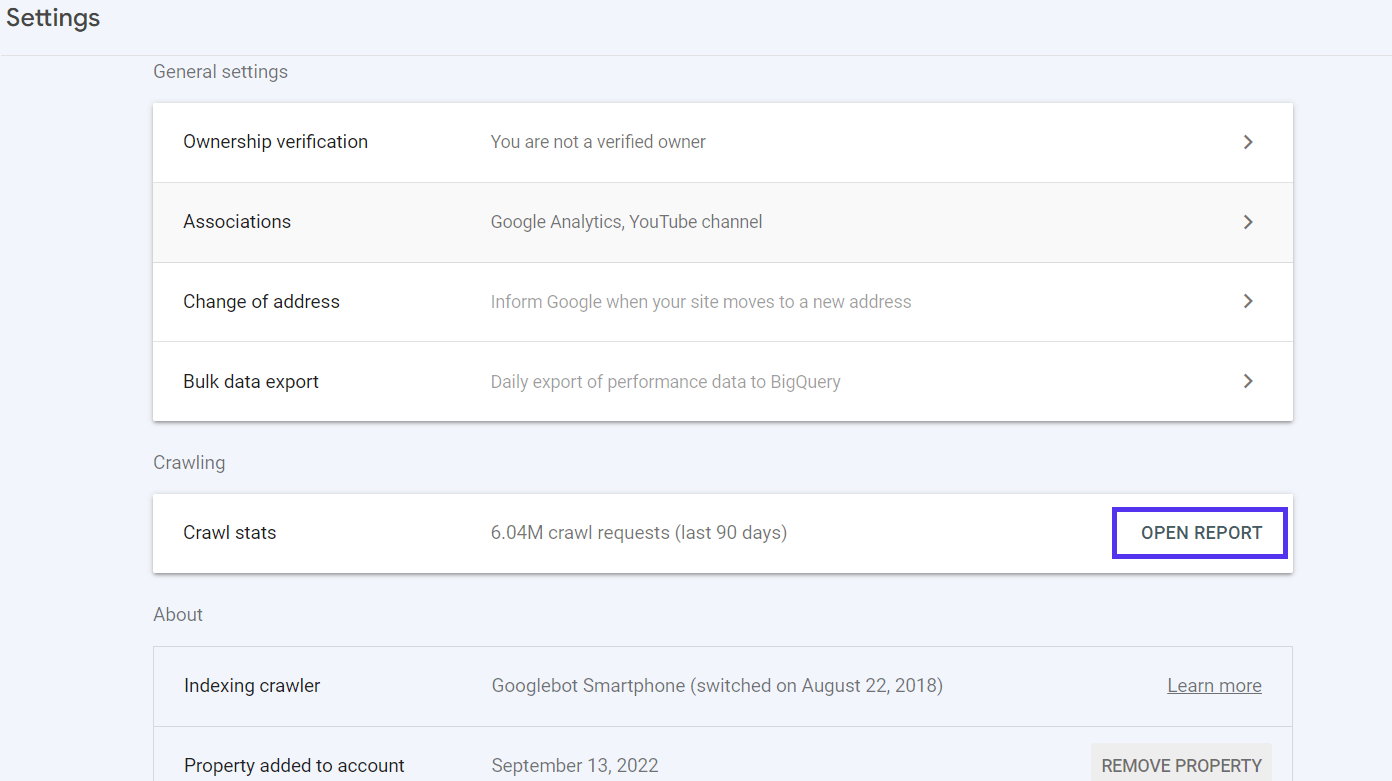 Indstillinger open rapport Google Search Console.