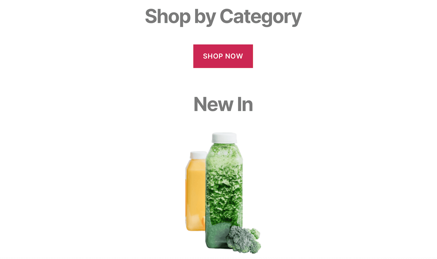 Schermata di un sito locale con l’immagine centrale di due bottiglie colorate e la scritta Shop By Category, New In