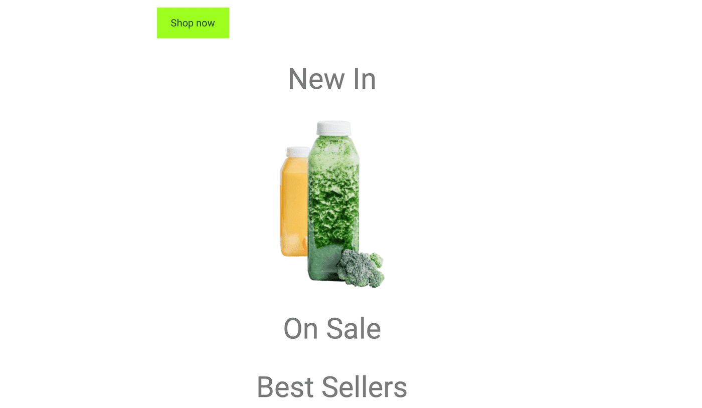 Schermata di un sito locale con l’immagine centrale di due bottiglie colorate: il pulsante Shop Now non è più in linea