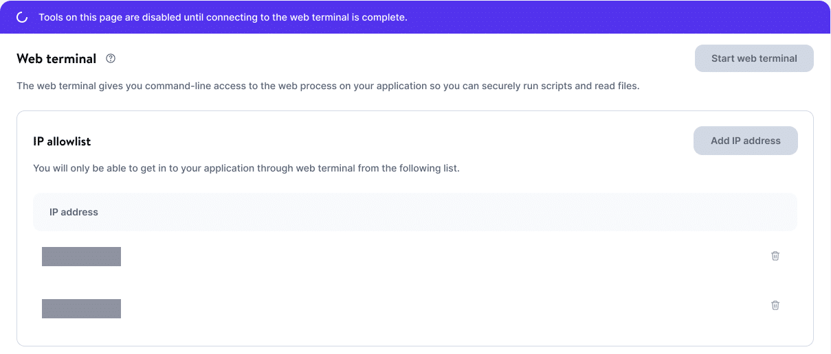 Les options de la page du terminal web sont désactivées pendant l'ouverture de la connexion au terminal web.