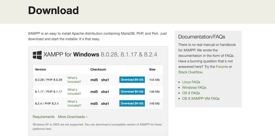 La página de descarga de XAMPP para Windows.