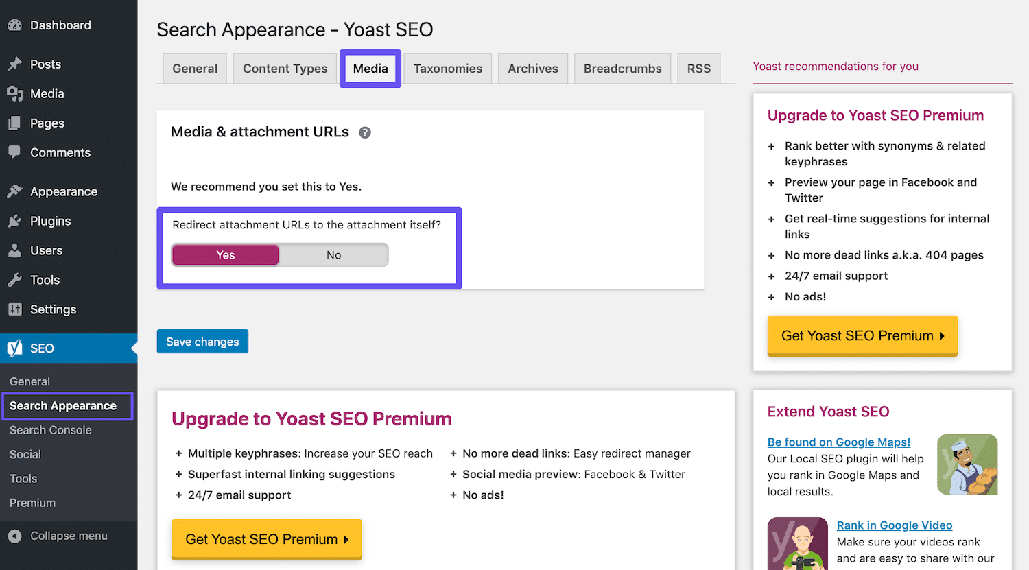 L'impostazione di Yoast SEO per il reindirizzamento degli allegati.