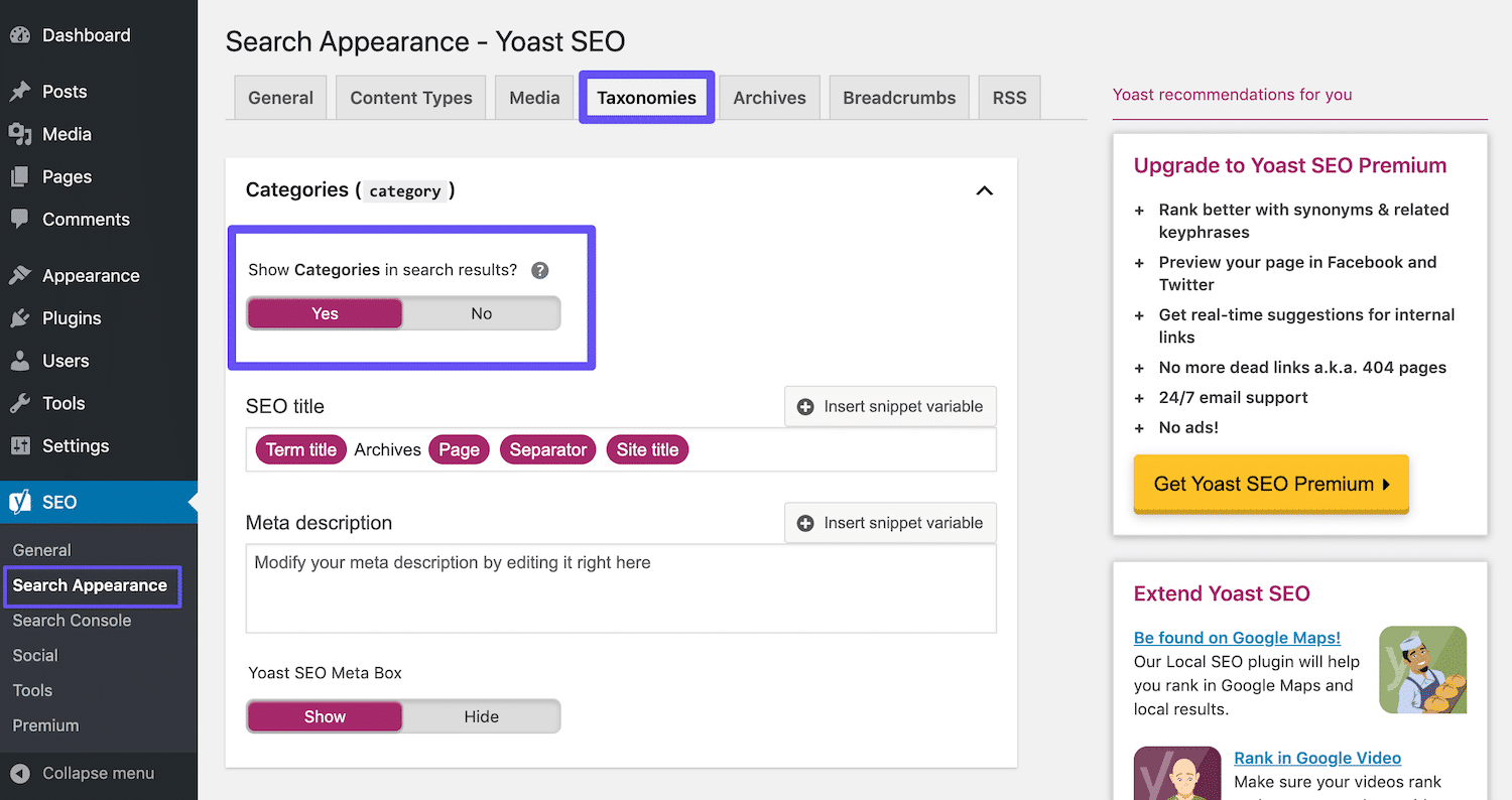 A configuração Yoast SEO "Show Categories in the search results setting"